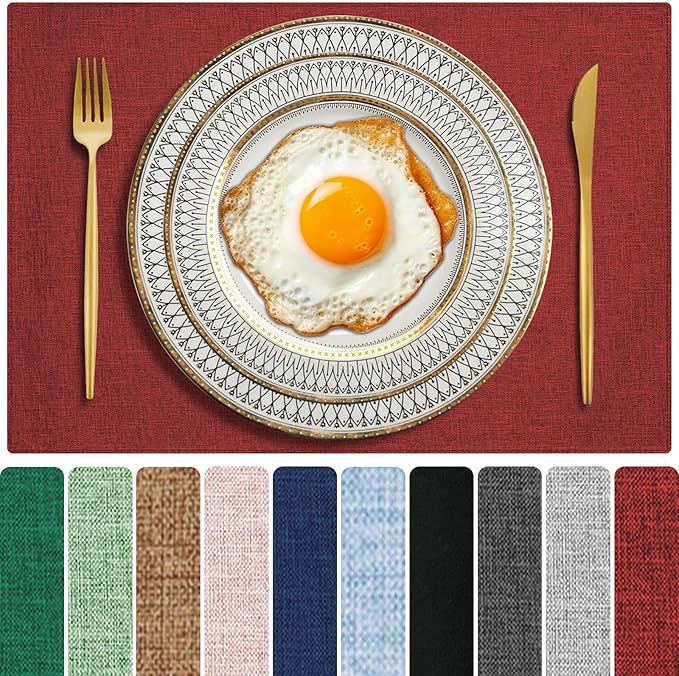 Cloth Placemats Set of 4, Cotton Linen Blend Machine Washable Double Layered Durable Place Mats Heat Resistant Placemats Wrinkle Free Thick Fabric Dining Table Mats (Red, 4)