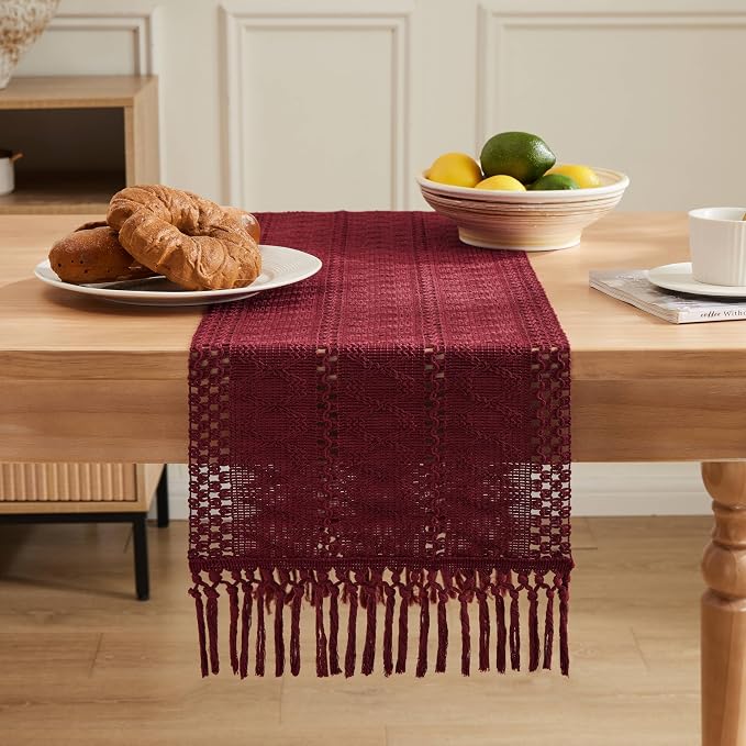 Macrame Style Boho Table Runner, 12x60 Inch Burgundy | Woven Boho Table Runner - Image 2