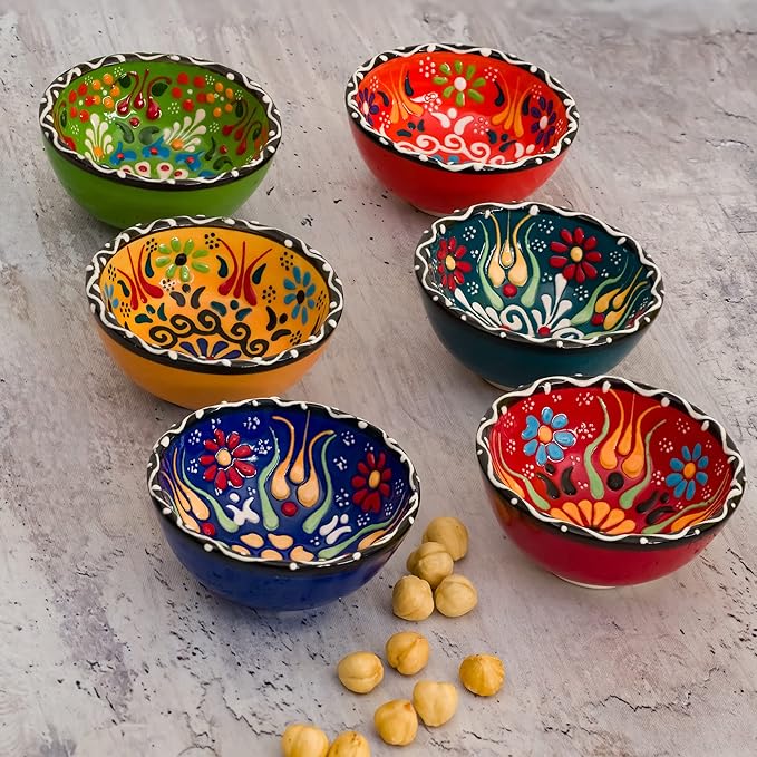 BCS Ceramic Pinch Bowls Set of 6, Small Bowls for Dipping - Cooking Prep & Charcuterie Board, Soy Sauce Dish, Multicolor Handmade Decorative Serving Dishes (3.2'' - 3 oz)