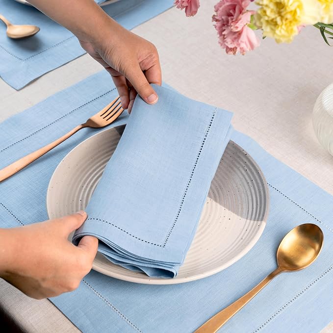 D'Moksha Homes Powder Blue Linen Napkins Set of 4 - Classic Hemstitch 100% Pure Linen Dinner Napkins Cloth 20 x 20 Inch for Spring, Easter - Handcrafted and Machine Washable