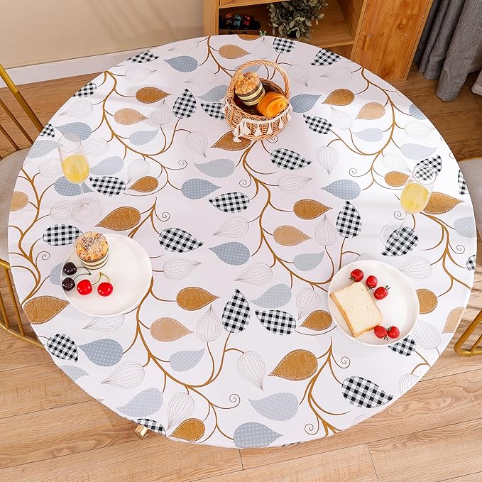 Walrus Round Vinyl Fitted Tablecloth with Flannel Backing Elastic Edge Design Table Cover Waterproof Oil-Proof PVC Table Cloth Stain-Resistant Best for 32"-36" Round
