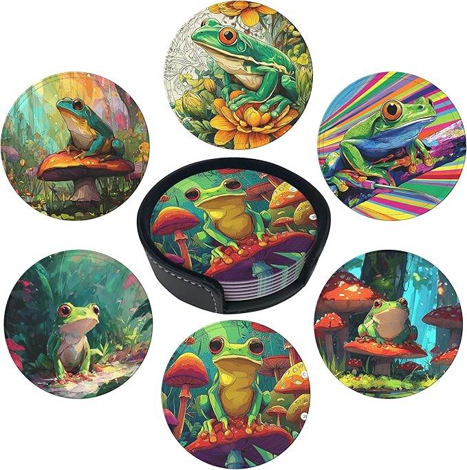Frog Coasters Leather Round Drink Coasters 6 Pcs Set with Holderor for Cup Drink Coffee Table Bar Home Decor