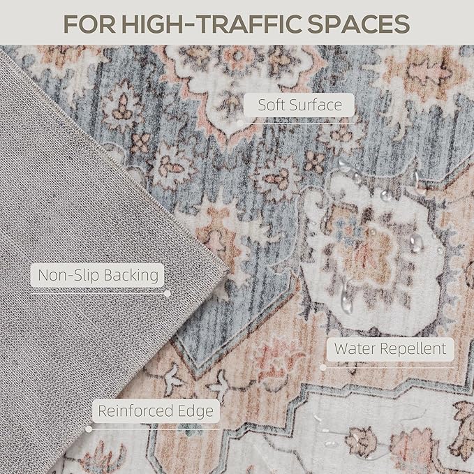 HOMCOM Washable Area Rug, 5'x7' Vintage Indoor Distressed Carpet, Retro Floor Cover Foldable, Floral Print Mat for Living Room, Bedroom, Dining Room, Brown and Light Blue