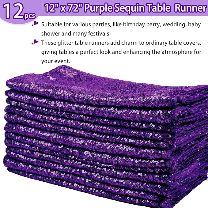 12 Packs 12 X 72 Inch Purple Sequin Table Runner Glitter Dining Table Runner - Image 2