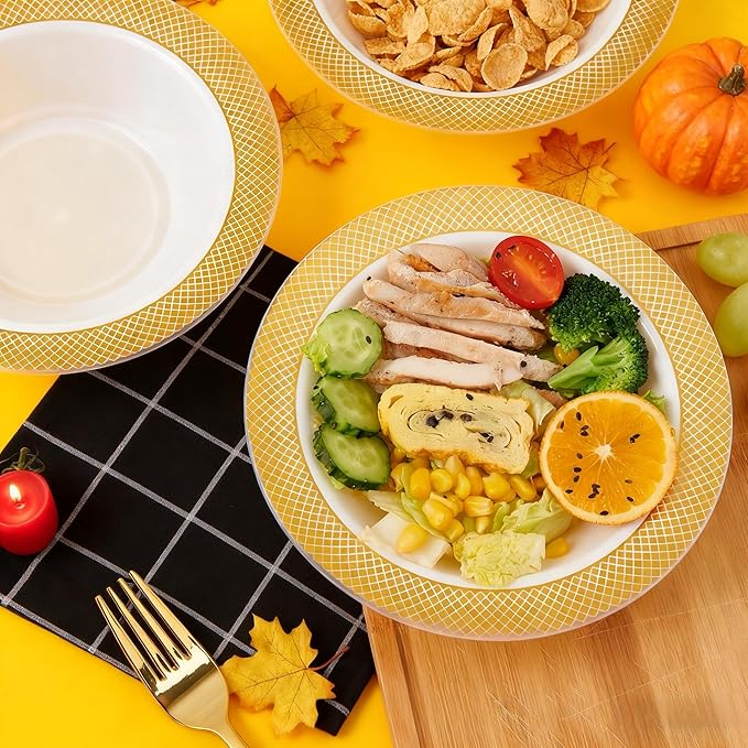 JOLLY CHEF 100 Disposable Plastic Bowls, 12oz Heavy Duty Disposable Dinner Bowls, Dessert Bowls with Gold Rim for Party, Dinners, Catering, Thanksgiving and Everyday Use