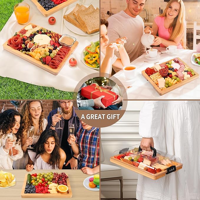 Charcuterie Board with Lid and Handle - Portable Travel Design Bamboo Cheese Board Set with 4 Cheese Tools, Gift for Housewarming, Weddings, Picnics(1 Compartment, Black)
