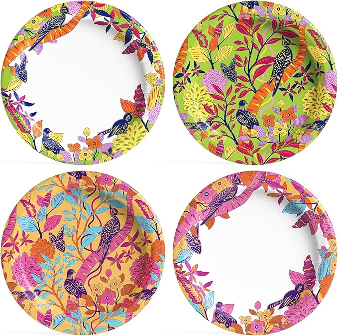 MUCHII 10 Inch Paper Plates 120 Count, Floral Bird Design Disposable floral Plates for Thanksgiving Day, Wedding, Party, Dinner, Holiday - 4 Vintage Colors (30 Each)