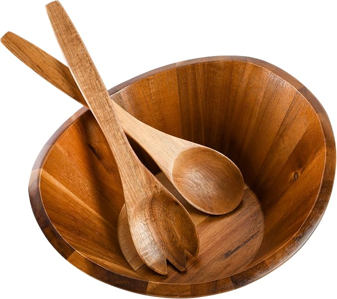 Gibson Home Sherwood 3-Piece Acacia Wood Salad Bowl Set, 32 Quart Large Serving - Image 5