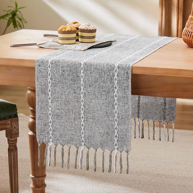 Braided Farmhouse Table Runner, Braided Charcoal 13x90 Inch, Cotton Linen Table by Unknown