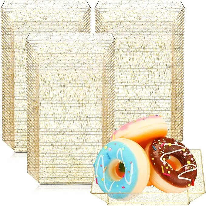 Zhehao 50 Pcs Plastic Dessert Appetizer Plates Disposable, 3.6 x 3.6 Inch Small Square Plastic Dessert Cake Plate for Party, Valentine's Day Wedding Birthday Bridal Baby Shower Supplies (Gold Clear)