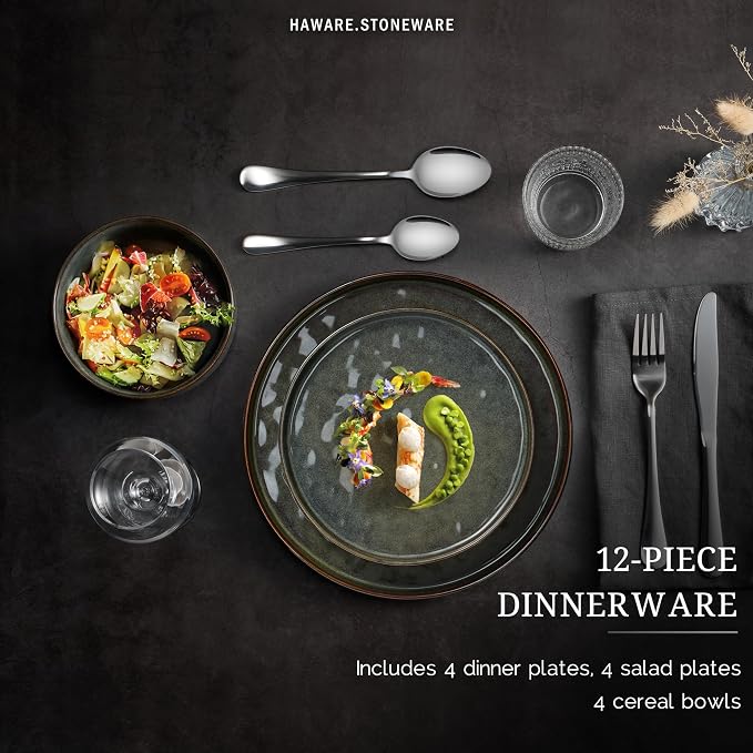 HaWare Dinnerware Sets, 12-Piece Plates and Bowls Set, Reactive Moss Green | - Image 3