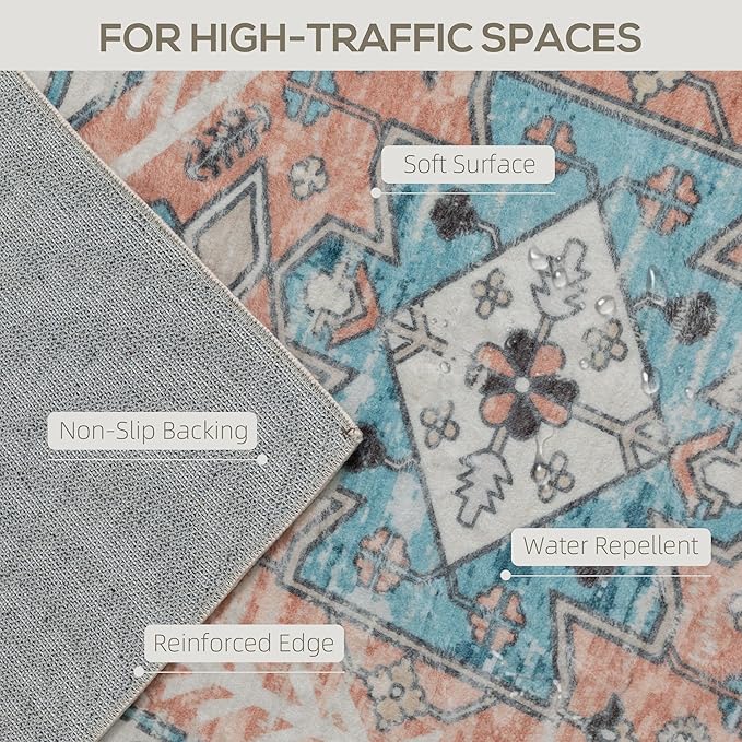 HOMCOM Washable Area Rug, 4'x6' Vintage Indoor Distressed Carpet, Retro Floor Cover Foldable, Floral Print Mat for Living Room, Bedroom, Dining Room, Brown and Blue