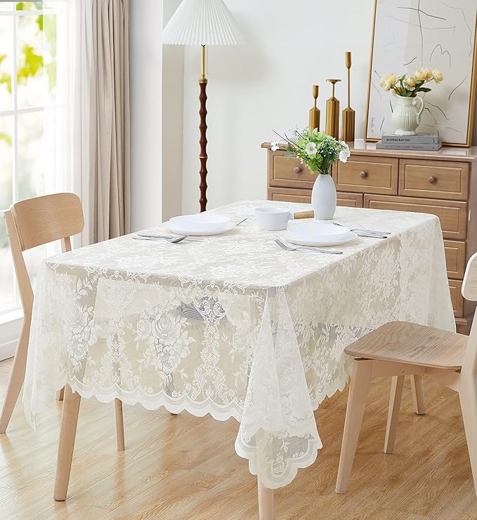 Warm Home Designs 60 x 120 Lace Tablecloth. Ivory Rectangle Tablecloth with English Rose Design. Rectangular Tablecloth, Rustic Tablecloth or Dining Table Cover for 10-12 Guests. LTC Ivory 120"