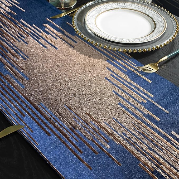 Luxury Blue Table Runner 13x98 Inch, Modern Abstract Geometric, Tassels | - Image 5