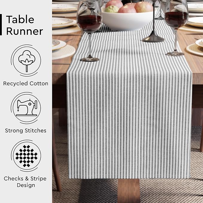 Encasa XO Table Runner, Woven Cotton Dining Runner 13"x59" | Ticking Black - Image 3