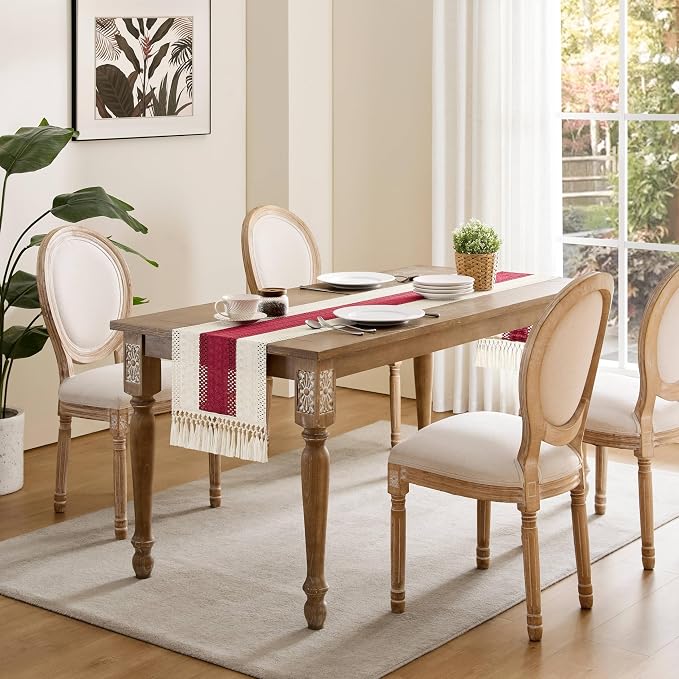 Macrame Style Bicolor Stitching Table Runner 14x108in Red | Woven Boho Table - Image 3