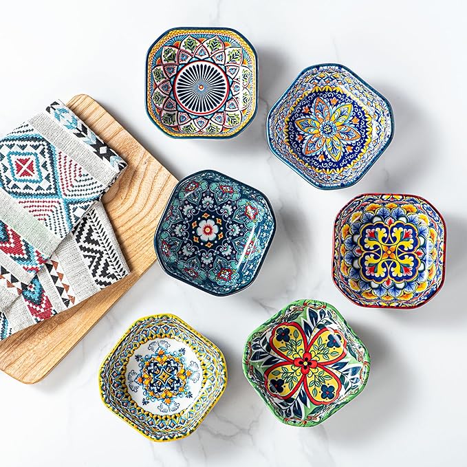 HENXFEN LEAD Boho Dipping Bowls – 8 oz Small Ceramic Snack Bowls, Square Soy Sauce Dish for Dips, Salsa, Side Dishes, Dessert – 4.3 Inch Appetizer Plates Set of 6