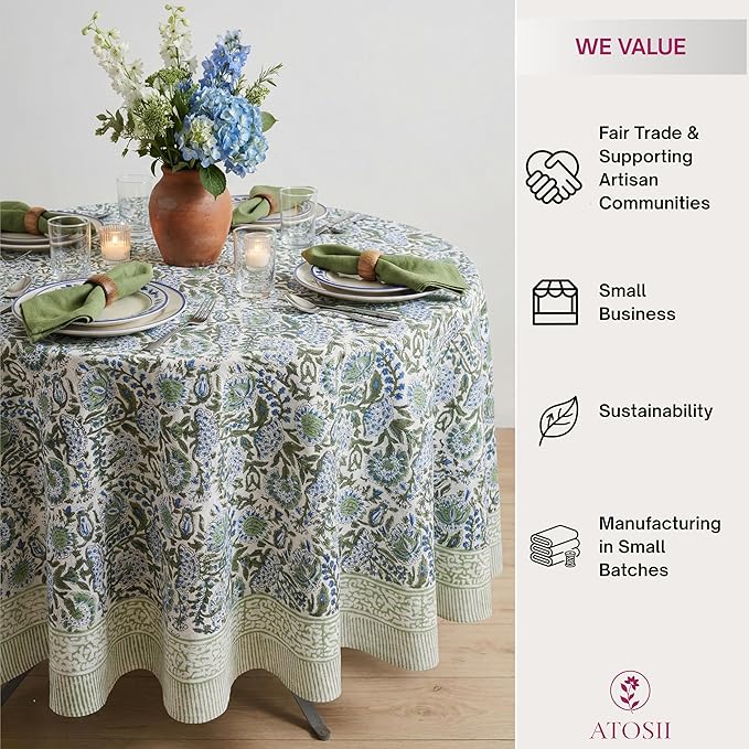ATOSII Clover Blue 100% Cotton Round Boho Fall Tablecloth, Handblock Floral Table Cloth Linen for Kitchen Dining I Parties Outdoors Christmas Thanksgiving Fall Home Decor 72" Inches Round I 4-6 Seater