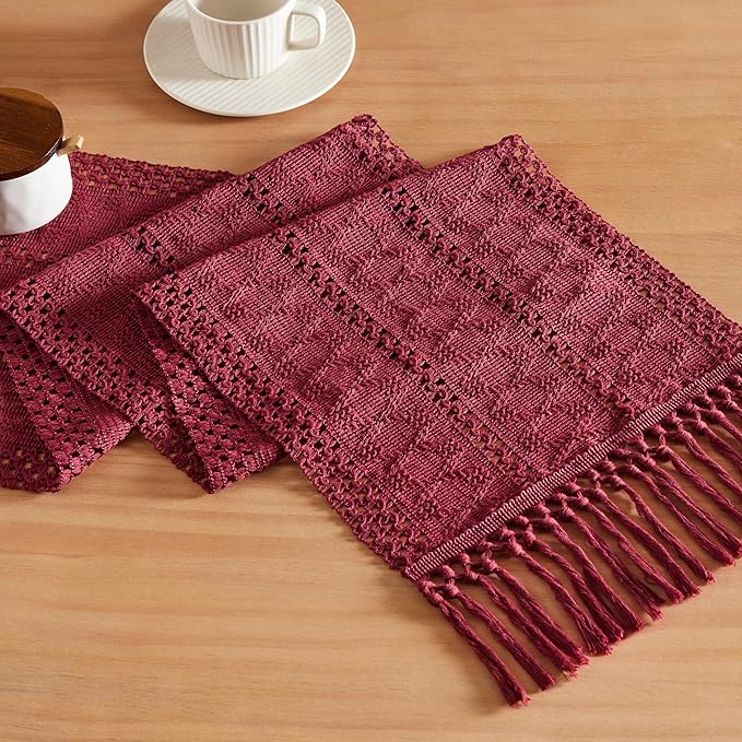 Macrame Style Boho Table Runner, 12x60 Inch Burgundy | Woven Boho Table Runner by ZEEMARTONLINE