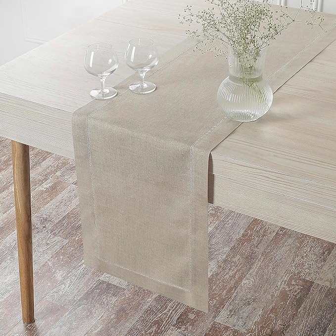 D'Moksha Homes Linen Natural Table Runner 36 Inches - 100% Pure Linen Small Table Runner 14 x 36 Inch Ideal for Dresser, Coffee Tables, Valentines, Spring, Easter - Classic Hemstitch