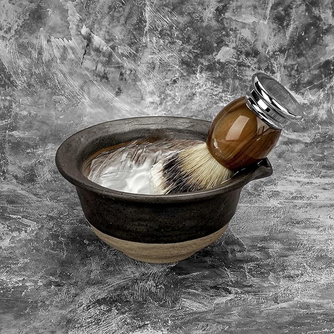 Linkidea Inside Rough Ceramic Texture Shaving Bowl, Shaving Soap Lather Cup for Men, Beard Wet Razor Shave Cream Bowl (Black), RAC5-01