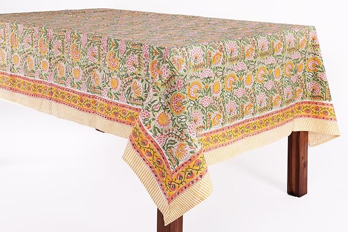 ATOSII Clover Green 100% Cotton Rectangle Boho Summer Tablecloth, Block Print Floral Table Cloth Linen for Dining, Parties, Weddings, Outdoors Home Decor 72 X 108 Inches I 8 Seater