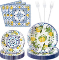 96Pcs Capri Lemon Blue Tiles Yellow Lemon Summer Citrus Fruit Party Plates by G1ngtar