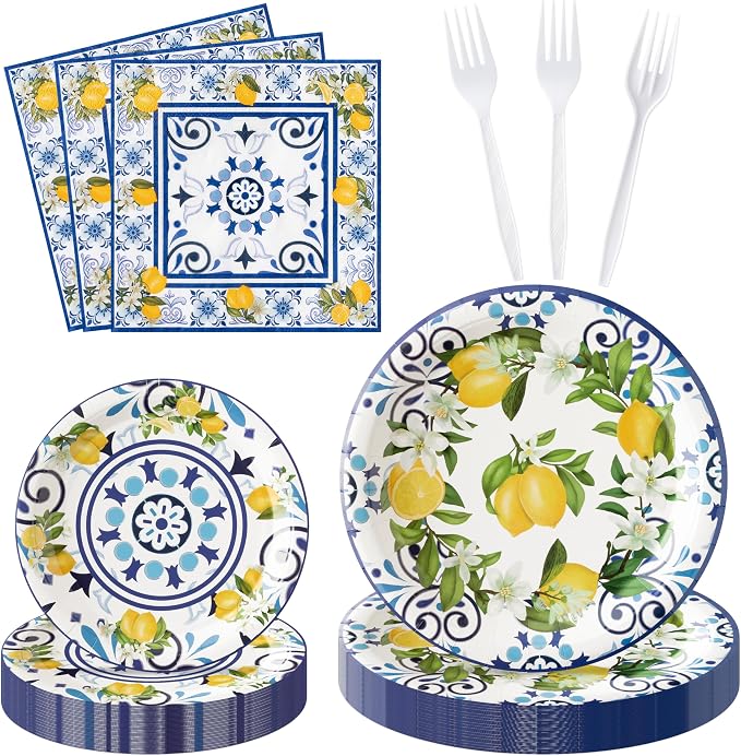96Pcs Capri Lemon Blue Tiles Yellow Lemon Summer Citrus Fruit Party Plates by G1ngtar