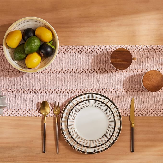 Macrame Style Boho Table Runner, 12x48 Inch Light Pink | Woven Boho Table Runner - Image 4