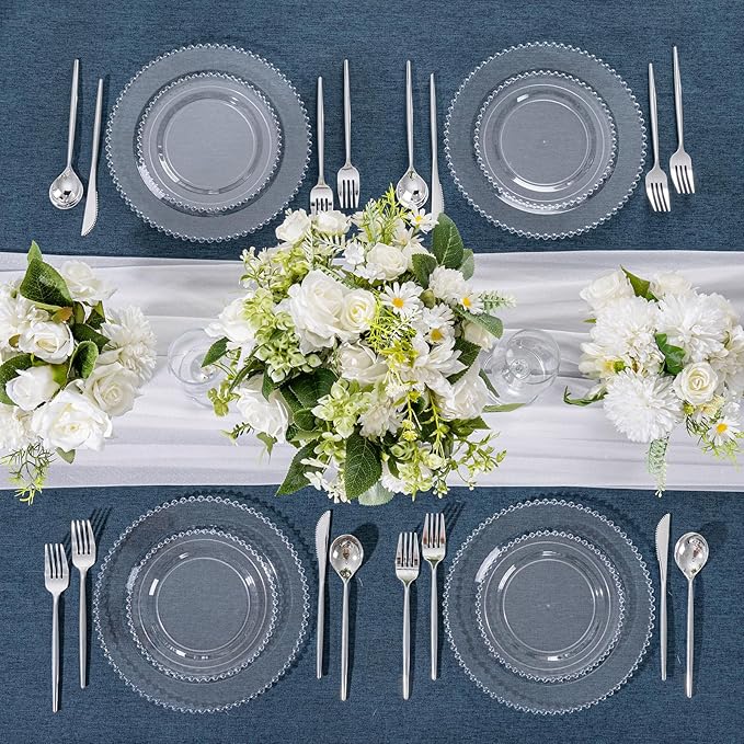 U-QE 60PCS Clear Plastic Plates - Fancy Beaded Plates Disposable Heavy Duty - Premium Hard Plastic Plate for Party, Wedding & Birthday Including 30 Dinner10 & 30 Dessert Plate 7"