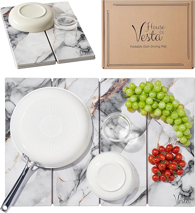 Stone Drying Mat For Kitchen Counter, Diatomaceous Stone Dish Drying Mat For Kitchen - Quick Drying Dish Mat - Water Absorbing Stone Tray, Foldable, Eco-Friendly, White Marble Color (23.5 x 15.4")