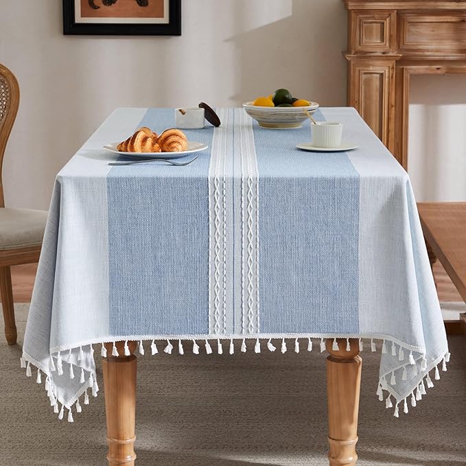 ZeeMart Contrast Linen Table Cloth Square Table Cloths 60x60 Inch Mid-Stripe Blue, Farmhouse Style Heavy Weight Dusty Blue Tablecloth, Water Resistant Burlap Tablecloths