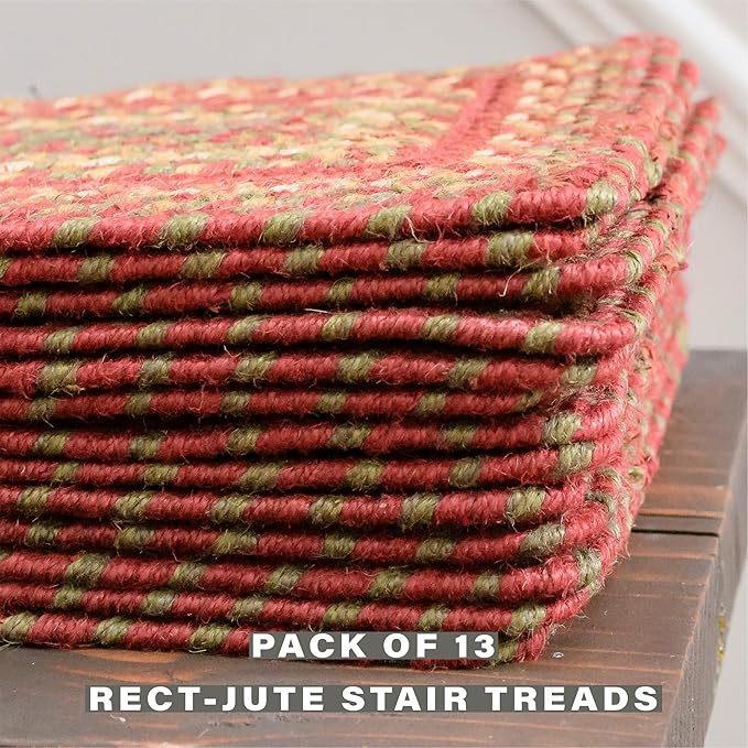 Homespice Cider Barn Jute Braided Stair Treads for Wooden Steps, Country Primitive Decor, Set of 13, Red 8x28 Rectangle Rugs for Stairs - Easy to Clean, Tightly Stitched and Durable