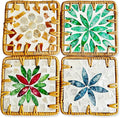 Handmade Rattan Coaster Set of 4, Cute Coasters Square with Mother of Pearl, Coastal & Boho Coaster Vintage for Decorative, Coffee Table, Bar & Outdoor Drink Coasters, Unique Housewarming Gift