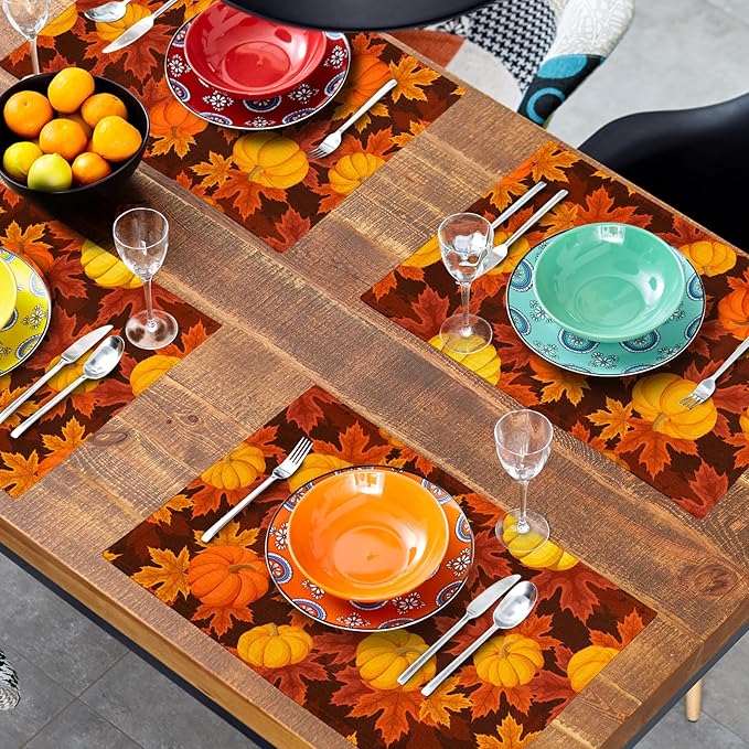 aportt Fall Placemats Set of 4 Autumn Pumpkin Leaves Linen Place Mat Washable Non-Slip Heat Resistant 12×18 Inch Thick Place Mats Decorative Fabric Table Mat for Dining Table