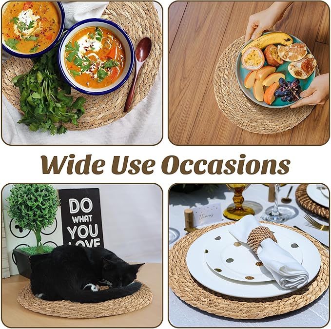 Kochorie Set of 6 Round Woven Placemats - 13.8 Inches Natural Boho Rattan Wicker Table Mats for Home Dining Table