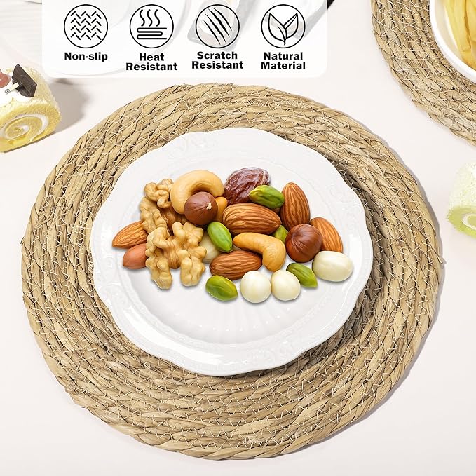 Elcoho 20 Pieces Round Woven Placemats 13.8 Inch Boho Rattan Placemats Farmhouse Braided Place Mats Woven Plate Chargers Rustic Wicker Table Mats for Dining Table