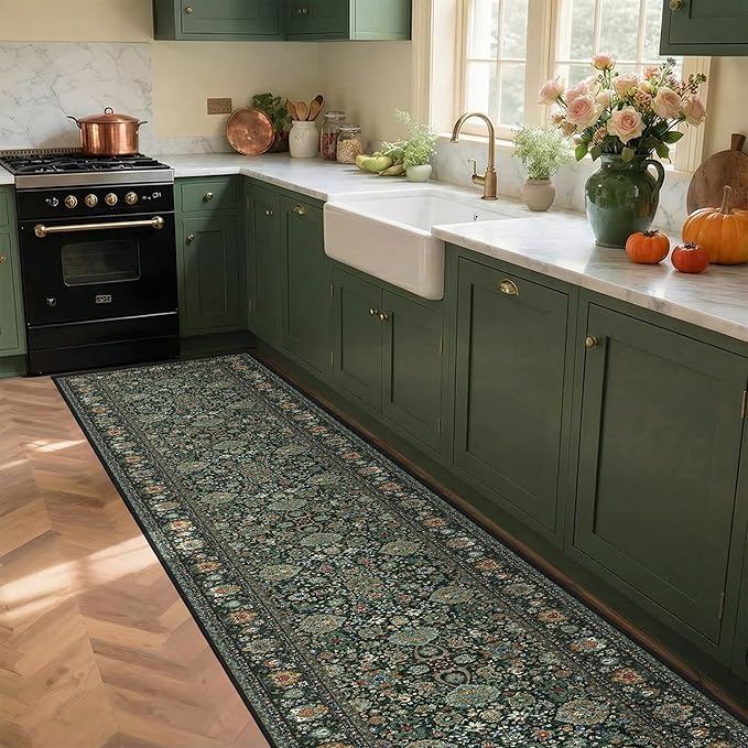 Runner Rugs 2x10 Boho Small Washable Area Rugs for Entryway Bathroom Kitchen, Long Rugs for Hallway Soft Low Pile Non-Slip Rubber Backing Oriental Dark Green