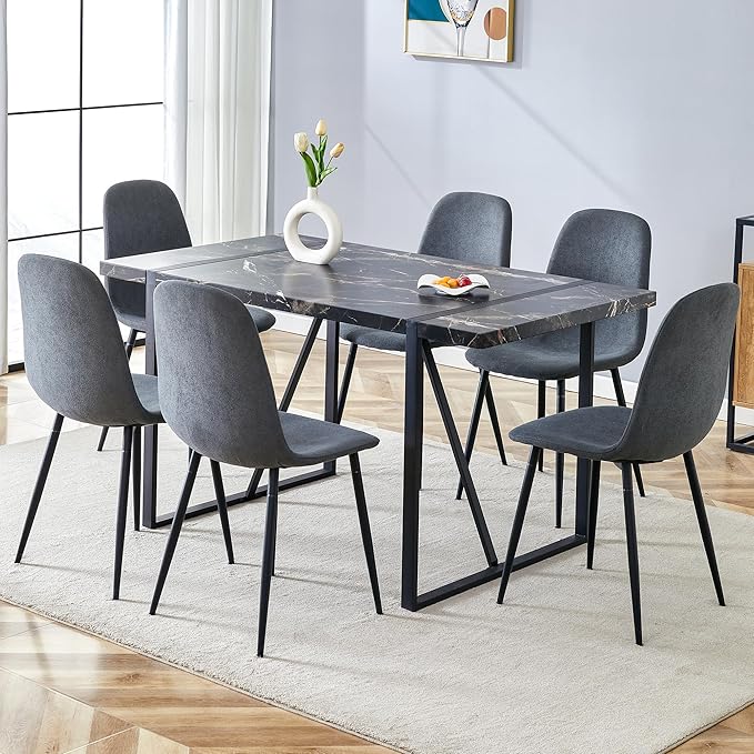 Dinner Table Set for 6, 7 Piece Dining Table Set for 6,Modern 55'' Rectangle Dining Table and 6 Dining Chairs,Kitchen Table and Chairs for 6,Ideal for Kitchen Dining Room