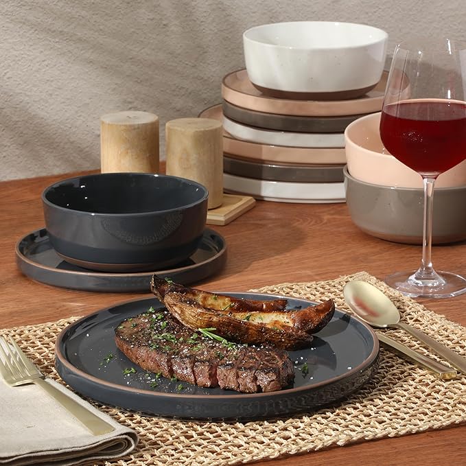 Gibson Elite Northrock Stoneware Dinnerware Set, 12-Piece Service for 4 Plates and Bowls Set – Assorted Colors Blue, White, Pink, Gray Dishes with Hand-Painted Terracotta Base