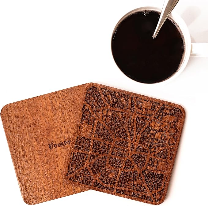 Houston Map Coaster by O3 Design Studio, Set Of 4, Sapele Wooden Coaster With City Map, Handmade