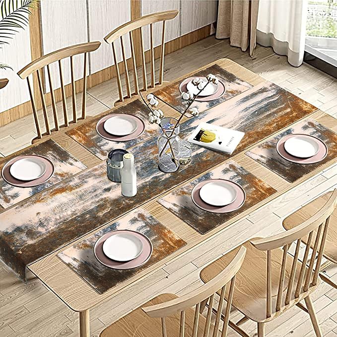 Black Grey Modern Table Runner and Placemats Set of 6, Linen 70" Long | - Image 5