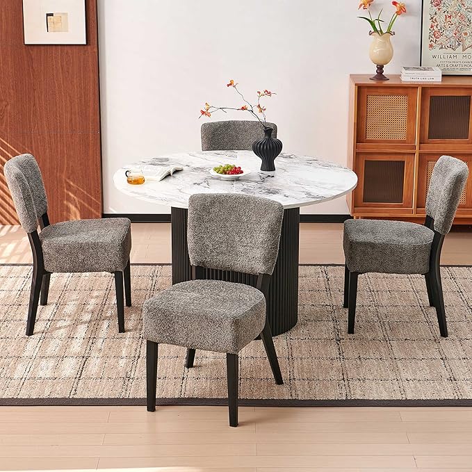Howtek Round Dining Set for 4, 47-Inch Faux White Marble Wood Kitchen Table with 4 Gray Stackable Upholstered Dining Chairs, Dining Room Table and Chairs Set for Kitchen, Living Room