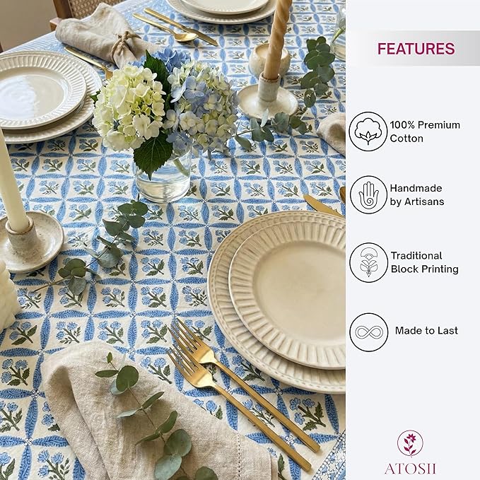 ATOSII Netta Blue 100% Cotton Rectangle Summer Tablecloth, Handblock Floral Print Linen Table Cloth for Kitchen Dining I Parties, Weddings, Outdoors, Decor 60 X 90 Inches, 6 Seater