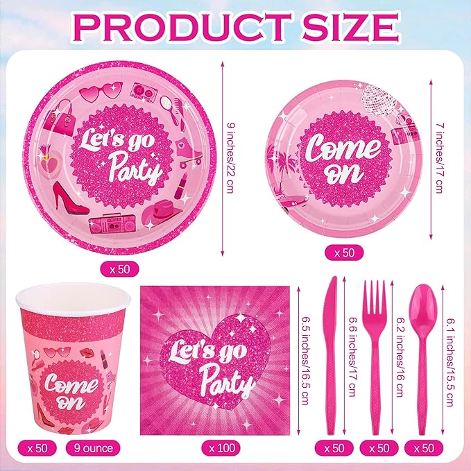 Kochorie 400 Pieces Let's Go Girls Party Tableware Sets Including Disposable Paper Plates Cups Napkins Cutlery Serves 50 for Birthday Disco Pink Cowgirl Bachelorette Party Decorations