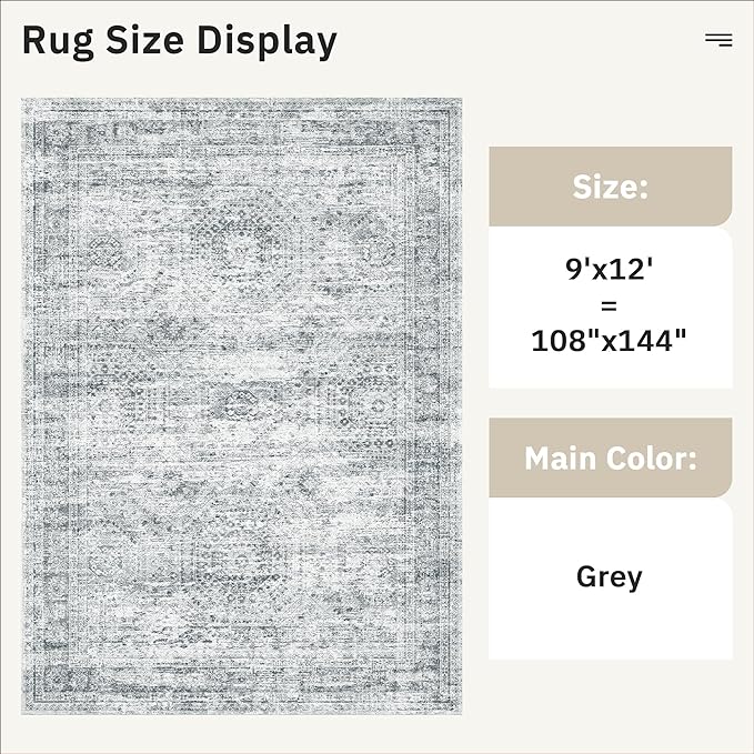 9x12 Area Rugs for Living Room, Non Slip Machine Washable Vintage Rugs, Low Pile Lightweight Large Rug for Bedroom, Dining Room, Home Office Grey