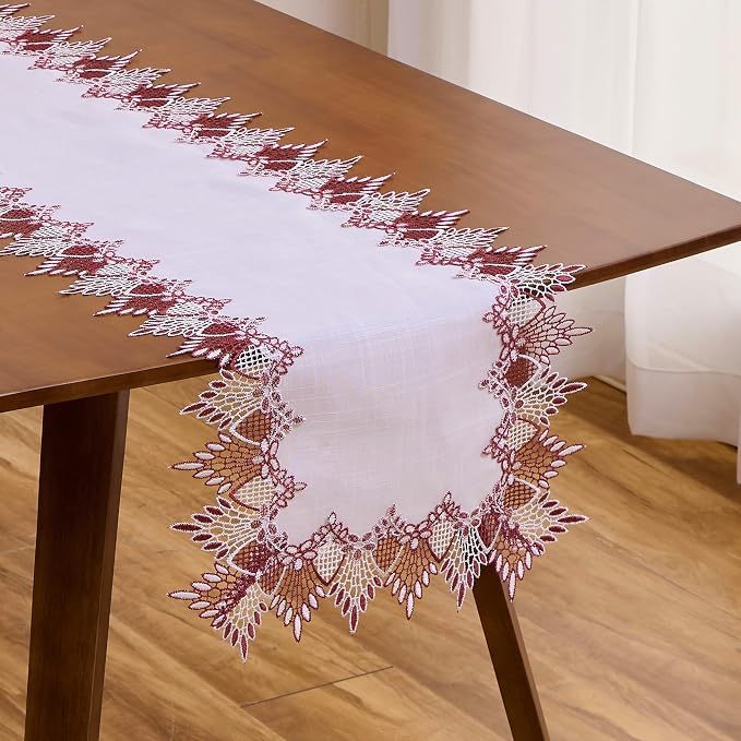 White Dark Red Linen Lace Table Runner 48 inches Dresser Scarf | White Sheer by Raedan