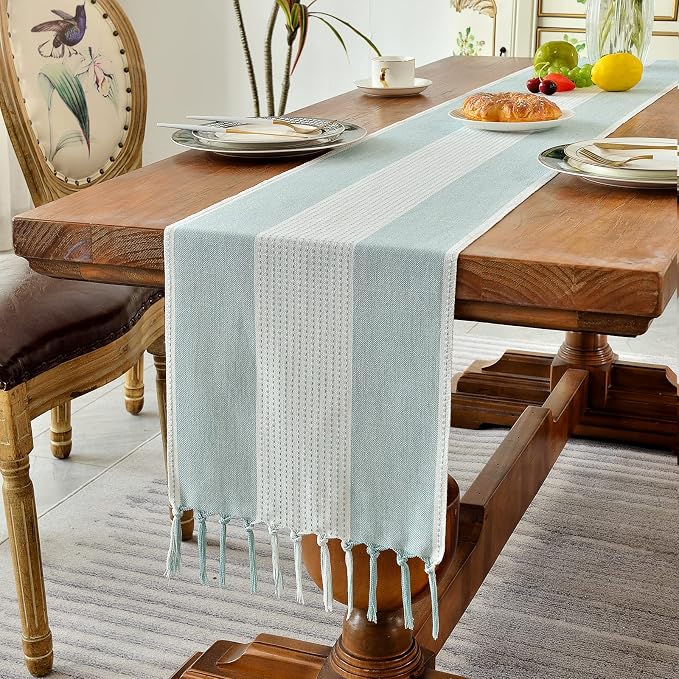 Wracra Linen Table Runner, Stripe Table Runners 108 Inches Long Aque Blue | - Image 7