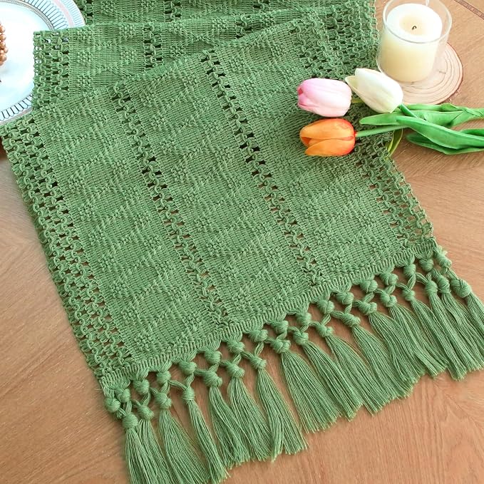 Green Table Runner with Tassels 12x72 Inch by FEXIA