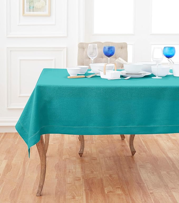 Solino Home Teal Linen Tablecloth 60 x 108 Inch - Classic Hemstitch, 100% Pure Linen Rectangular Tablecloth - Machine Washable Table Cloth